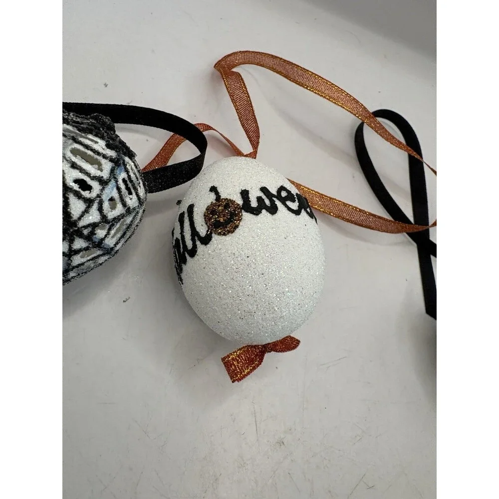 Set Of 3 Halloween Ornament: Peter Priess Egg; Spooky Black Spider Web Pumpkin